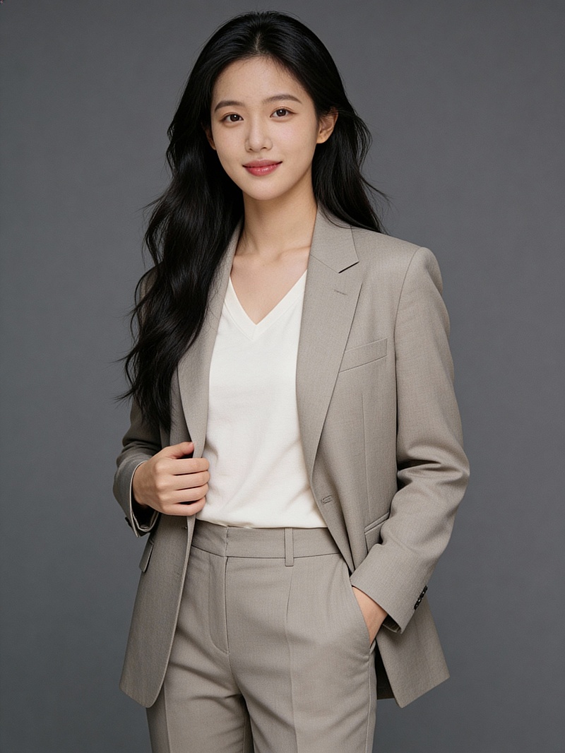 温柔知性米色西装单手插兜女性职业形象照