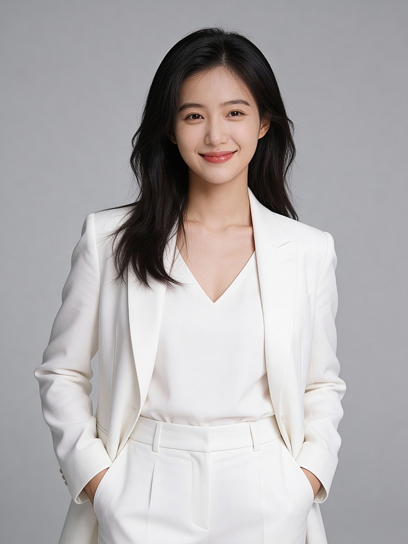 V领干练白色西装插兜女性职业形象照