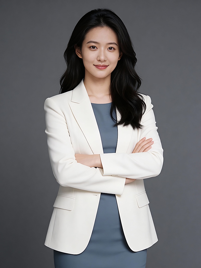 知性白色西装蓝裙双手抱胸女士形象照