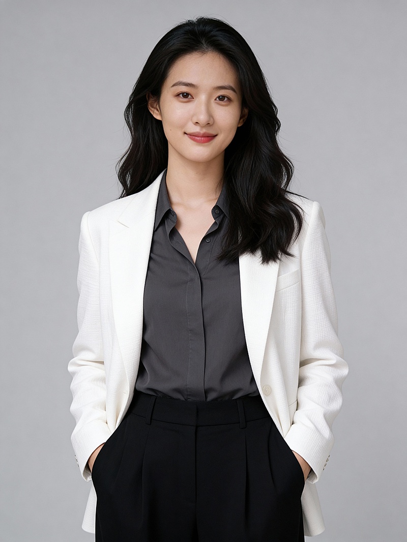 大气白色西装黑色内搭插兜女士形象照