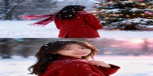 两宫格艺术感写真图，横向两宫格，场景为冬日圣诞雪地，色调呈冷白与暖粉渐变，地面铺雪，圣诞树挂彩灯，空中飘彩色小雪粒（粉 / 蓝 / 金三色），彩灯折射出光斑。画面主体为穿红色毛呢大衣的少女。上图：少女预览效果