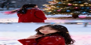 两宫格艺术感写真图，横向两宫格，场景为冬日圣诞雪地，色调呈冷白与暖粉渐变，地面铺雪，圣诞树挂彩灯，空中飘彩色小雪粒（粉 / 蓝 / 金三色），彩灯折射出光斑。画面主体为穿红色毛呢大衣的少女。上图：少女预览效果
