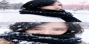 两宫格艺术感写真图，横向两宫格，场景为冬日落雪公园，色调呈冷白与浅粉渐变，地面铺雪，松枝挂雪。画面主体为穿白色羽绒服的少女。
上图：近景，图中人物围粗针织黑围巾，雪花点缀，眼神忧郁望右侧，添加中英文字预览效果