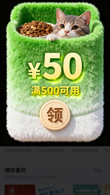 毛绒风格，一个绿色渐变竖长方形扁平造型毛绒红包，里面露出猫粮、猫咪耳朵，中心为“¥50”浅黄色大字，大字下方为黄色小字“满500可用”；红包下方一个圆形米色按钮“领”。色彩明快（绿+白）。预览效果