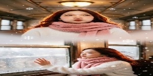女生穿白色马海毛毛衣，粉色围巾绕颈，老式火车背景。上宫格：大特写镜头，女生脸部特写，车厢暖光从头顶灯处洒下，发丝发光，眼神带点旅途的憧憬，嘴唇微抿。下宫格：中景镜头，女生坐在老式火车窗边，手贴在车窗上预览效果