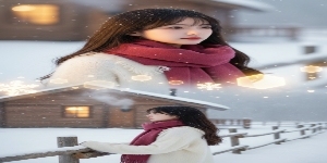 上宫格：大特写镜头，女生脸部特写，穿米白蓬松马海毛毛衣（领口带毛边），深粉色羊绒围巾绕颈两圈，冬日雪原木屋背景。木屋暖光从窗内漫出洒在侧脸，发丝沾着细碎雪绒发光，眼神带点对雪原静谧的憧憬，嘴唇微抿。预览效果