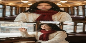 上宫格：女生穿奶白色粗线麻花毛衣（袖口带罗纹设计），酒红色针织围巾交叉绕颈（末端有流苏），老式电车背景。大特写镜头，车厢暖光从头顶格栅灯洒下，发丝边缘泛着柔焦光泽，眼神带着对城市角落的好奇，嘴唇轻抿。预览效果