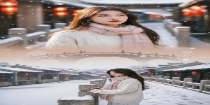 上宫格：大特写镜头，女生脸部特写，穿象牙白软糯羊驼毛毛衣（带细绞花纹理），浅粉色格纹围巾松垮绕颈，冬日古镇石桥背景。古镇灯笼暖光从斜前方洒下，发丝柔软发光，眼神带点对古镇雪景的憧憬，嘴唇微抿。
下宫格预览效果