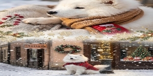 上宫格大特写镜头，雪白萨摩耶幼犬侧脸特写，焦糖色针织小围巾裹着毛茸茸的脖颈，蓬松绒毛沾着细雪，黑亮的鼻尖凝着雪粒，肉垫爪子轻搭在缀有红果刺绣的粗纺羊毛毯上，耳尖落着细碎雪花，围巾旁露出半截红色针织小袜预览效果