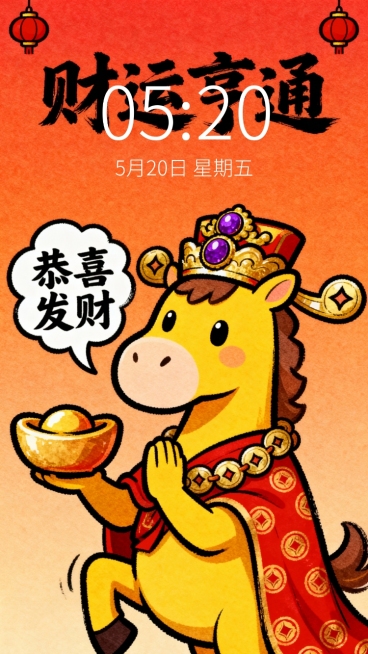 卡通潮酷手绘风格，Q 版 “马财神” 形象，整体为黄色主体，头戴镶玛瑙的紫金财神冠，身披印满铜钱串纹样的红色绸缎披风，一只蹄子托举聚宝盆，另一只蹄子比出 “招财进宝” 的作揖手势；形象旁带云朵状对话框预览效果