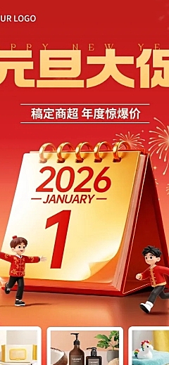 元旦节日营销喜庆感促销感商品关联列表长图海报