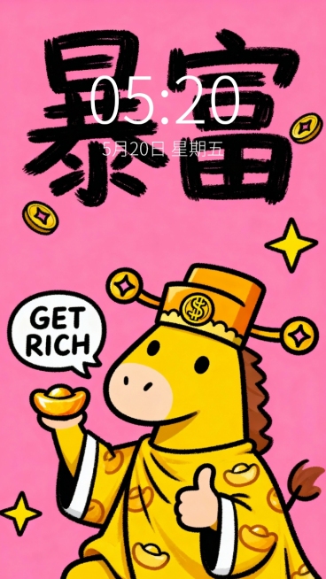 卡通潮酷手绘风格，Q 版 “马财神” 形象，整体为黄色主体，头戴中式官帽（帽檐刻铜钱纹样），身披印满金元宝图案的黄色披风，一只蹄子高举金元宝，另一只比出 “点赞” 手势；形象旁带对话框，框内写 “GE预览效果