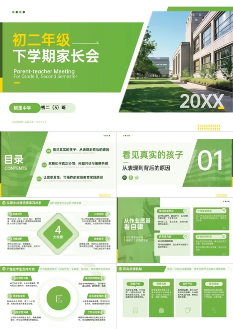 教育培训宣传推广清新感K12初中学期末家长会PPT套装预览效果