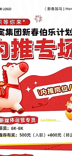 春节节日营销喜庆感趣味感春节招聘企业内推长图海报