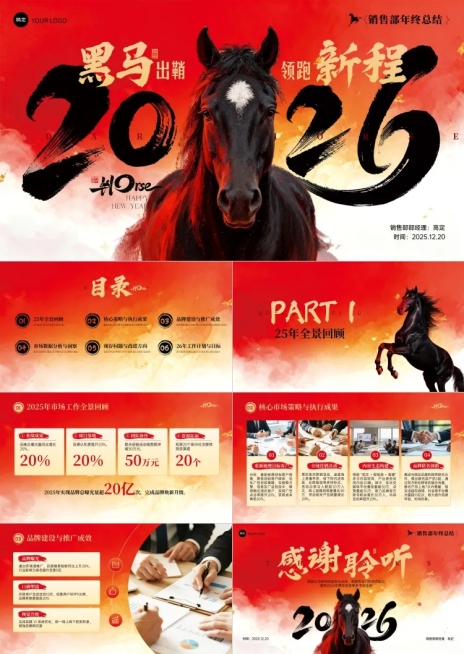 年终年会节点活动热血感马年年终回顾PPT预览效果