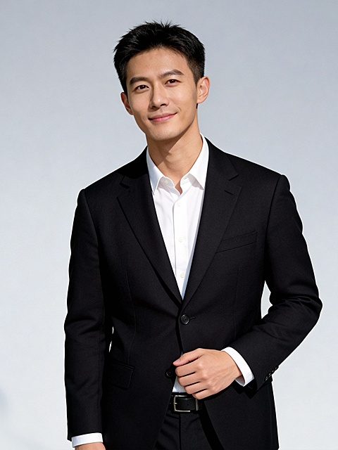 职场单手扶襟黑色西装男士形象照