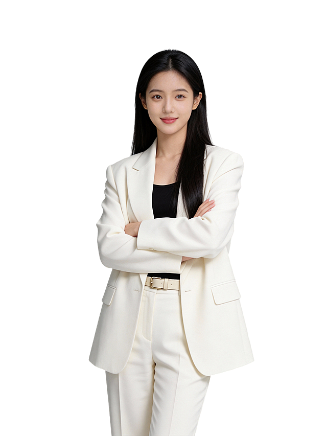 考第一张图保留人物脸型､发型､年龄等特征生成职场形象照,参考第二张图人物占位和比例,标准焦段50mm,F/4光圈(F/2.8-F/4区间),平视视角(镜头与人物视线齐平);人物占画面70%,人物居中(居中构图),位于画面中心,为视觉聚焦点,入境范围头部及以下至臀部下方10cm(半身像);左右留少量背景空间;头部与画面顶部保留5%空间;头部发型完整;原生肤质白皙细腻(通透自然),韩式精致浓妆(整洁清透通勤妆容,底妆轻薄整洁,浅淡暖调唇色提升气色,无浓重妆感;身穿奶油净白色宽松版型西装外套(精纺羊毛混纺材质),黑色内搭(细腻亚面材质),同色系西裤(精纺羊毛混纺材质),精致浅米色细皮带;双臂交叉于胸前,眼神直视镜头,瞳孔澄澈带柔和光感,表情自然,嘴角微微上扬,气质自信从容;站立姿势(重心略偏一侧更显随性);温婉沉稳,弧度自然,发型柔顺光泽,整体气质自信从容,兼具职场利落与女性温婉沉稳;画面整体简约高级,为专业棚拍人像写真,采用柔和自然布光,4800K中性光色温,面部光比精准控制1:1.3,面部光线均匀通透;主体锐利清晰,简约冷调中灰度纯色背景(光线呈现均匀柔和干净的质感),严格按照第一张图内容生成。