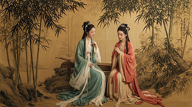 Photorealistic transformation of a Chinese gongbi painting, two elegant young Chinese women in Song Dynasty-style Hanfu, one in a gradient teal and beige robe, the other in a gradient coral and cream robe, both with intricate traditional hairpins and delicate makeup, sitting on a carved wooden bench in a dense bamboo forest with a warm, aged yellow background, smooth transition from gongbi brushstrokes to realistic skin texture and flowing fabric details, soft diffused lighting, serene and poetic atmosphere, 8K ultra-detailed, --ar 16:9 --style raw --s 250 --no blurry,ugly,lowres