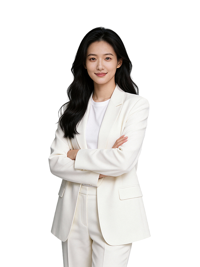 参考第一张图保留人物脸型､年龄等特征生成职场形象照,参考第二张图人物占位和比例,标准焦段50mm,F/4光圈(F/2.8-F/4区间),平视视角(镜头与人物视线齐平);人物占画面70%,人物居中(居中构图),位于画面中心,为视觉聚焦点,入境范围头部及以下至臀部下方10cm(半身像);左右留少量背景空间;头部与画面顶部保留5%空间;头部发型完整;原生肤质白皙细腻(通透自然),韩式精致浓妆(整洁清透通勤妆容,底妆轻薄整洁,浅淡暖调唇色提升气色,无浓重妆感;身穿奶油净白色宽松版型西装(精纺羊毛混纺材质),内搭白色圆领T恤(休闲感,细腻亚面纯棉材质),同色系西裤(精纺羊毛混纺材质);双臂交叉于胸前,站立姿势(重心略偏一侧更显随性);温婉沉稳,发质柔顺光泽,弧度自然,整体气质自信从容,兼具职场利落与女性温婉沉稳;眼神直视镜头,瞳孔澄澈带柔和光感,表情自然,嘴角微微上扬,画面整体简约高级,为专业棚拍人像写真,采用柔和自然布光,4800K中性光色温,面部光比精准控制1:1.3,面部光线均匀通透;主体锐利清晰,简约冷调中灰度纯色背景(光线呈现均匀柔和干净的质感),严格按照第一张图内容生成｡
