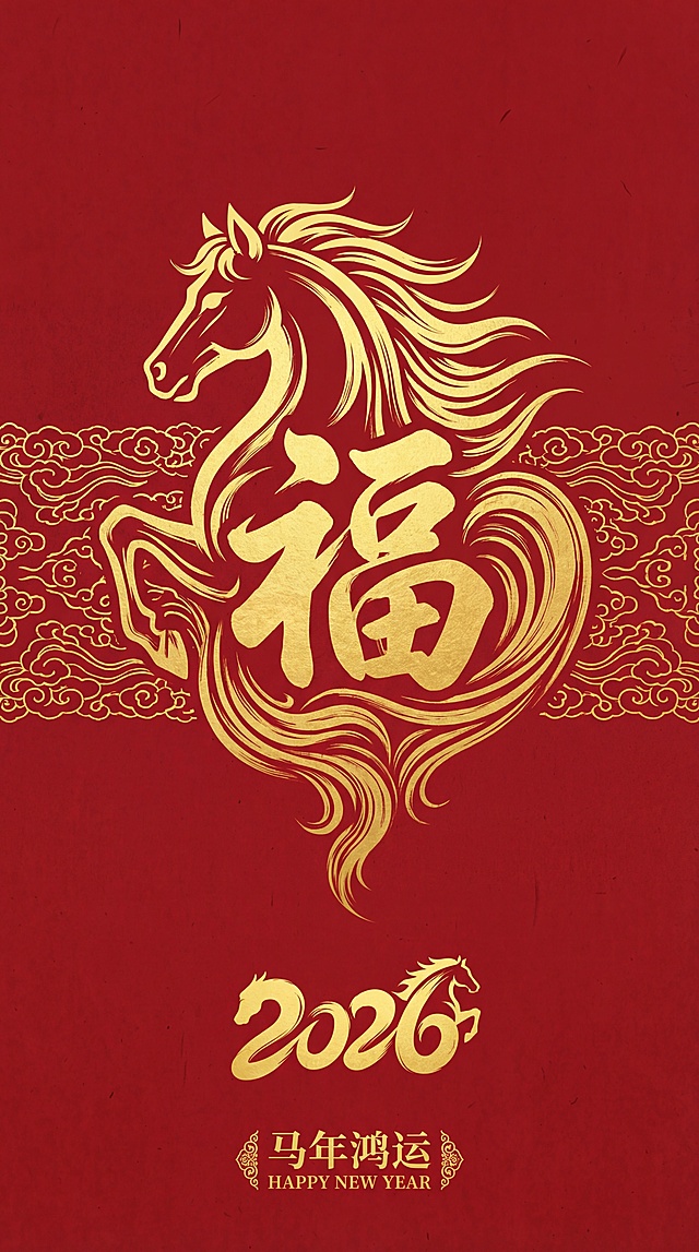 红金双色，国潮剪纸风马年贺图，福字与骏马融合，鎏金线条勾勒超级符号，喜庆祥瑞，寓意马年鸿运。