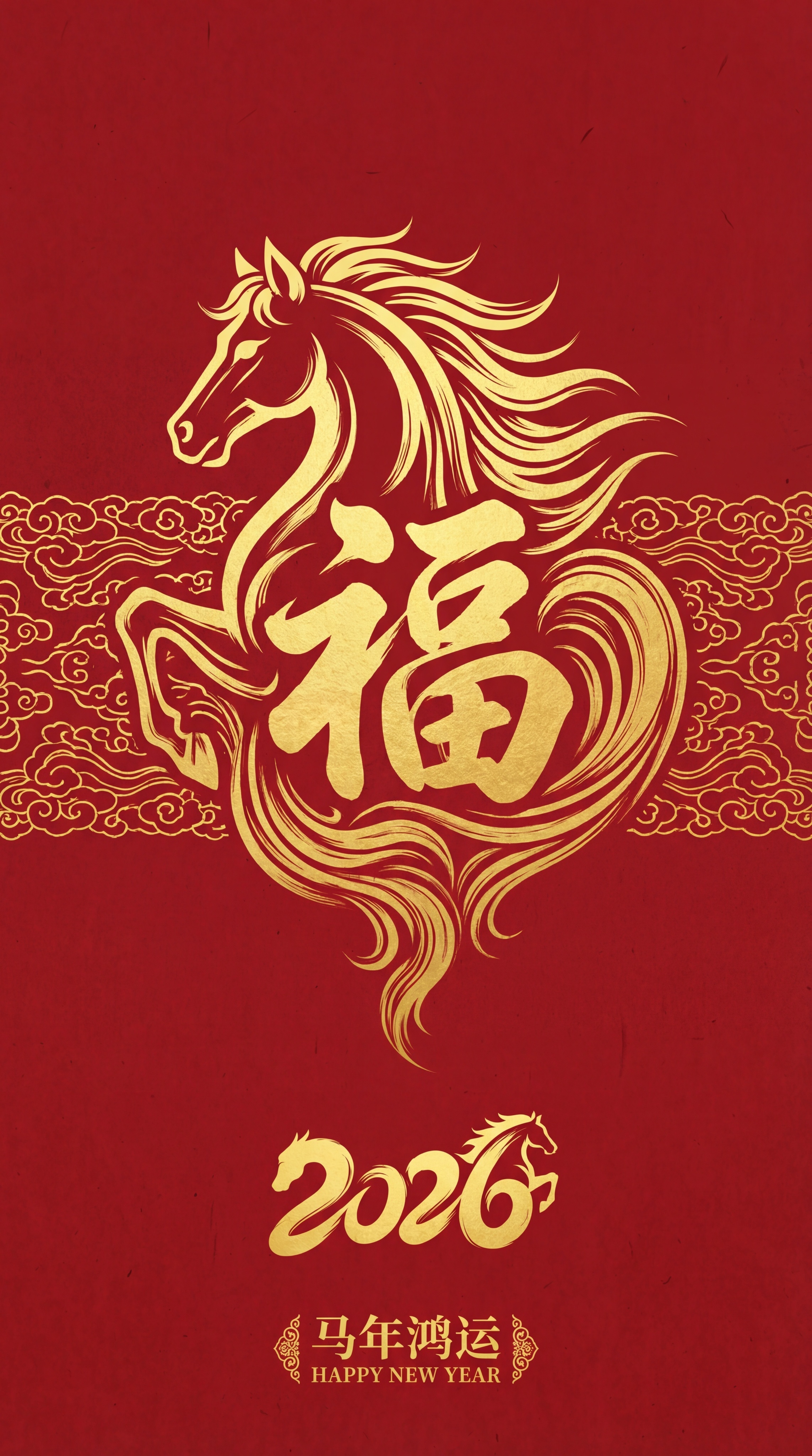 马年海报，传统祥云纹和新年元素图形设计 抽象纯金色的马头与金色… - 图片创意预览