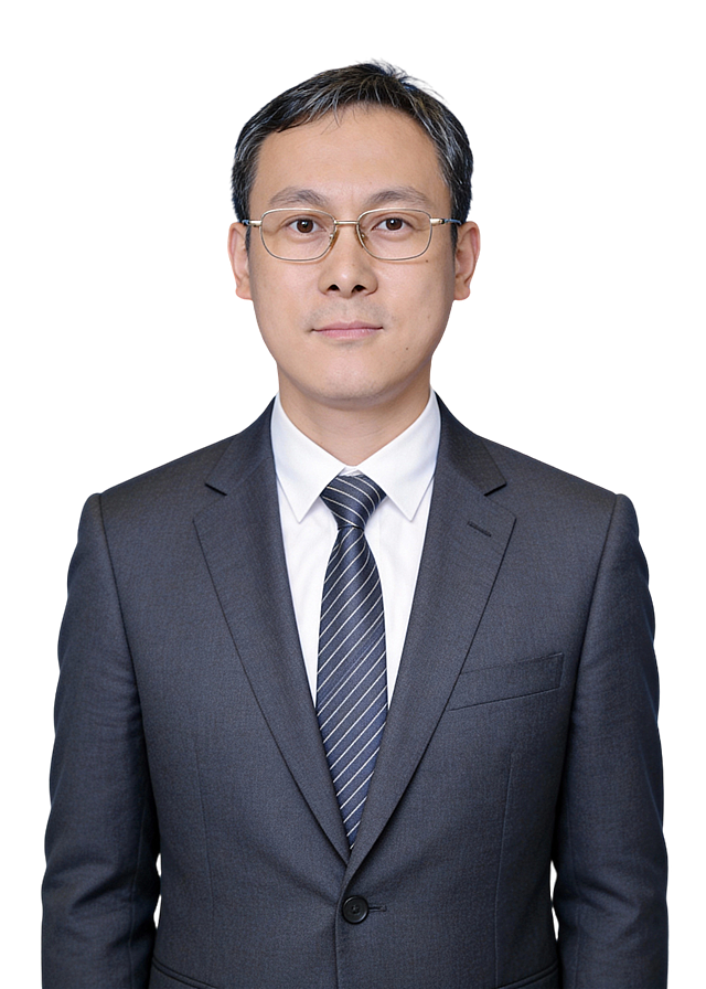 参考第一张图保留人物脸型､发型､年龄特征生成证件照标准样式,肤质优化处理提亮肤色,均匀肤色;外穿高级深灰色西装,内搭白色翻领长袖衬衫,搭配细条纹领带;参考第二张图的人物占位和比例,居中平视正面视角,纯正面,胸部以上半身像;消除暗沉轻度磨皮,轻度美颜,去除一切饰品;光线均匀柔和,画质清晰,表情自然,头部完整,去除人物之外的所有元素,简约蓝色纯色背景;严格按照第一张图的内容生成｡