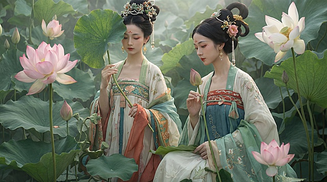 Photorealistic transformation of a Chinese gongbi painting, two ethereal young Chinese women in Tang Dynasty chest-high Ruqun, the left one holding a large lotus leaf, the right one holding a lotus bud, elaborate traditional hairpieces with pearls and flowers, delicate Tang Dynasty makeup with huadian forehead ornament, set in a lush misty lotus pond with layered green lotus leaves and blooming pink-white lotus flowers, smooth transition from gongbi brushstrokes to realistic skin texture and fabric details, soft cinematic lighting, dreamy and serene atmosphere, 8K ultra-detailed, --ar 16:9 --style raw --s 250 --no blurry,ugly,lowres