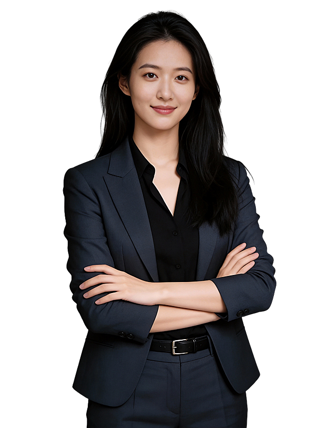 参考第一张图保留人物脸型､年龄等特征生成职场形象照,参考第二张图人物占位和比例,标准焦段50mm,F/4光圈(F/2.8-F/4区间),平视视角(镜头与人物视线齐平);人物占画面70%,人物居中(居中构图),位于画面中心,为视觉聚焦点,入境范围头部及以下至臀部下方10cm(半身像);左右留少量背景空间;头部与画面顶部保留5%空间;头部发型完整;头肩比例协调,身穿藏青灰色亚面西装外套(精纺面料),黑色V领衬衫,精致黑色细皮带搭配藏青灰色西裤｡双臂自然抱胸,自信从容;主体锐利,美颜磨皮韩式精致浓妆,均匀肤色提亮肤色,站立姿势松弛随性自然,发质柔顺光泽飘逸,眼神直视镜头,目光坚定且澄澈,表情自然.嘴角上扬,气质自信从容沉稳霸气;均匀肤色,专业人像摄影写真,头部完整,结构准确;光比1:1.5,4800K暖调中性光,修饰脸型,肤质哑光细腻,面部雾面柔光,轻透裸肌感,真实毛孔纹理,32K画质,去除人物之外的所有元素,零噪点降噪,简约偏冷调中深灰度纯色背景。