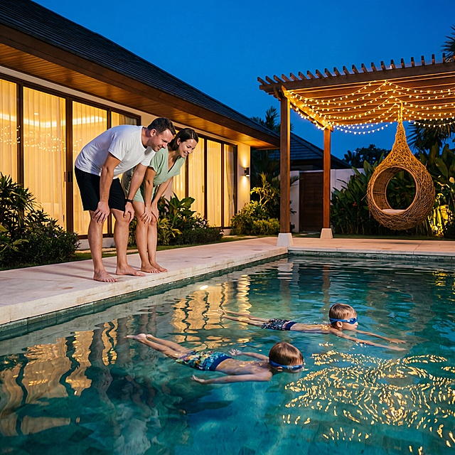 超写实风格，傍晚转夜的蓝调时刻，户外豪华别墅泳池场景。池边浅色石材平台上，穿白 T 恤黑短裤的欧美父亲和穿浅绿上衣的欧美母亲弯腰注视水面，面带温柔笑意。水下两个欧美少年男孩穿着泳裤、戴着蓝色泳镜，呈流线型向前潜水，池水清澈见底，折射着廊架暖光的光斑。右侧木质廊架挂满暖白串灯，悬挂着藤编鸟巢吊椅，背景别墅落地窗透出暖黄灯光，周围绿植环绕，整体画面明暗层次丰富，传递出夏日夜晚的亲子温馨与松弛感。