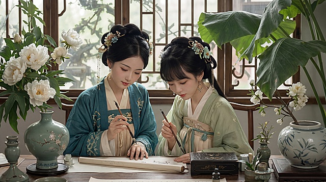 Photorealistic transformation of a Chinese gongbi painting, two elegant young Chinese women in Song Dynasty-style Hanfu, one in a teal robe with a cream inner layer, the other in a pale green robe with a cream inner layer, both with delicate floral hairpins and subtle makeup, sitting at an ancient wooden table, holding writing brushes and painting on a scroll, set against a vintage interior with lattice windows, a turquoise porcelain vase with white peonies, and large green leaves, smooth transition from gongbi brushstrokes to realistic skin texture and flowing fabric details, soft diffused lighting, serene and scholarly atmosphere, 8K ultra-detailed, --ar 16:9 --style raw --s 250 --no blurry,ugly,lowres