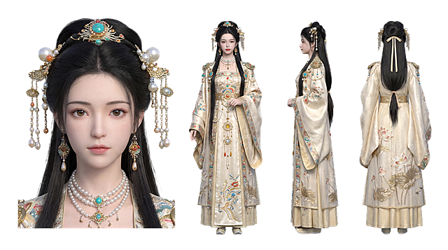 古典中式3D角色设计，融合刺绣、鎏金与浮雕工艺，以奢华面料呈现优雅唯美之姿，展现东方美学的极致韵味。