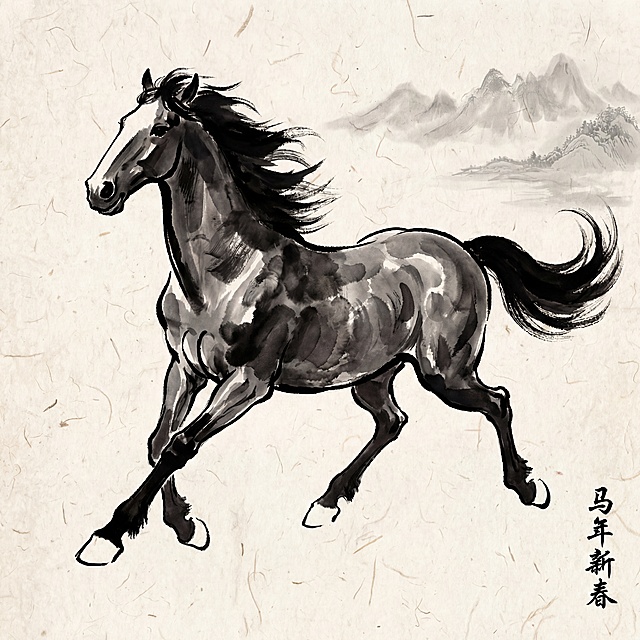水墨风写意骏马奔腾，工笔细节勾勒筋骨，古典山水背景烘托意境，肌理纸纹增强质感，中式美学呈现马年新春祥瑞氛围。
