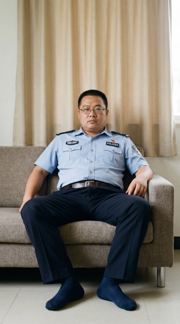 一个40岁中国男性，典型的中国人面孔，戴着眼镜，体型微胖，短发，空旷房间里，坐在沙发上向后倚靠。他面朝镜头，面无表情。他穿着警察夏季短袖制服和西裤，正面视角，系着皮带，脚上穿着藏青色短丝袜，双腿呈现放预览效果