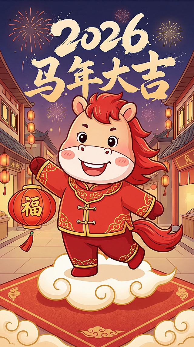 国潮风插画，拟人化小马身穿红金唐装，手持灯笼，踩祥云欢庆2026马年大吉，融合剪纸与水墨元素，喜庆卡通感十足。