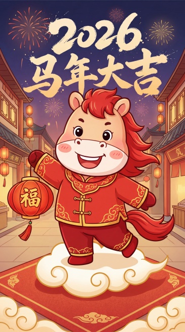 一只卡通版马设计的IP形象，采用国风传统风格。奔跑的骏马，营造出活泼可爱且充满喜庆的氛围，契合马年新年主题。马越起来站立，耳朵小巧圆润竖直向上，眼睛又大又圆，呈明亮黑色。它嘴巴咧开露出洁白整齐牙齿，嘴预览效果