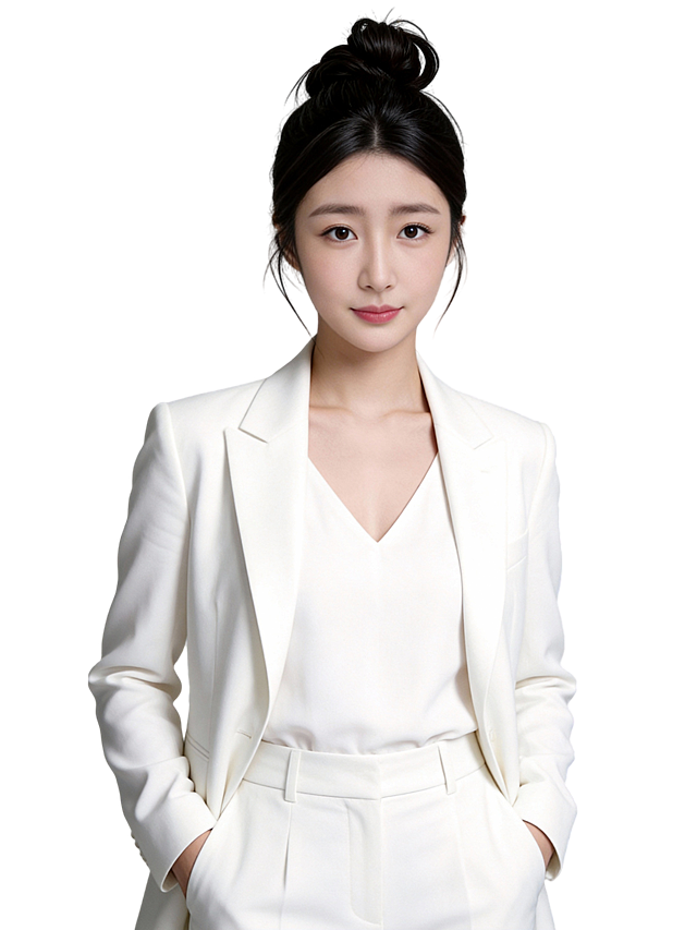 参考第一张图保留人物脸型､发型､年龄等特征生成职场形象照,参考第二张图人物占位和比例,采用标准焦段50mm,F/4光圈(处于F/2.8-F/4区间),平视视角(镜头与人物视线齐平);人物占画面70%,人物居中(居中构图),位于画面中心,为视觉聚焦点,入境范围头部及以下至臀部下方10cm(半身像);左右留少量背景空间;头部与画面顶部保留5%空间(头部发型完整呈现);原生肤质白皙细腻(通透自然),搭配韩式清透通勤妆(底妆轻薄整洁,浅淡暖调唇色提升气色,无浓重妆感);身着净白色西装外套(聚酯纤维材质)+同色系V领内搭+白色高腰西装裤(服装材质为聚酯纤维细腻挺括的西装面料,兼具柔和垂坠感与适度版型支撑力);发质柔顺,发丝光泽(呈微微自然蓬松);姿态优雅松弛:双手自然插入裤袋,身姿站立,肩部放松;唇角微微上扬(带浅淡笑意),眼神温和明亮并看向镜头,自带职场女性的专业与亲和感;画面整体简约高级,为专业棚拍人像写真,采用柔和自然布光,4800K中性光色温,面部光比精准控制1:1.3,面部光线均匀通透;主体锐利清晰,背景为极简纯中度灰色背景(光线呈现均匀柔和干净的质感),严格按照第一张图内容生成｡