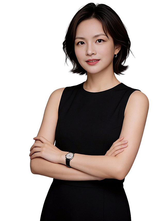 参考第一张图保留人物脸型､年龄等特征生成职场形象照,参考第二张图人物占位和比例,标准焦段50mm,F/4光圈(F/2.8-F/4区间),平视视角(镜头与人物视线齐平);人物占画面70%,人物居中(居中构图),位于画面中心,为视觉聚焦点,入境范围头部及以下至臀部下方10cm(半身像);左右留少量背景空间;头部与画面顶部保留5%空间;头部发型完整;肤质白皙细腻,头肩比例协调,美颜磨皮韩式精致自然的浓妆,均匀肤色提亮肤色,暖调通透水光肌,零粉感伪素颜底妆,肤质细腻无毛孔,暖调白皙,肌表带自然润泽高光,暖调杏粉色哑光眼影轻扫眼睑(仅提亮轮廓),极细内眼线(填充睫毛根部),自然深棕带细微高光点美瞳;唇妆:哑光橘红色口红,唇色饱满浓郁,唇面细腻粉质柔焦感,唇部水润,自然好气色无妆感边界;身穿深黑色无袖简约高级设计感连衣裙(长裙),搭配细黑色表带的精致手表;发质微微蓬松有质感,造型干练优雅,双臂交叉于胸前,肢体舒展规整,自信从容;发质柔顺光泽自然飘逸, 站立姿态,表情自然,目光坚定且澄澈,眼神明亮直视镜头,肢体放松自然,气质自信从容大气;均匀肤色,专业人像摄影写真,头部完整,结构准确;光比1:1.5,4800K中性光,修饰脸型,肤质哑光细腻,面部雾面柔光,轻透裸肌感,真实毛孔纹理,32K画质,去除人物之外的所有元素,零噪点降噪,简约中深灰度纯色背景｡严格按照第一张图内容生成。