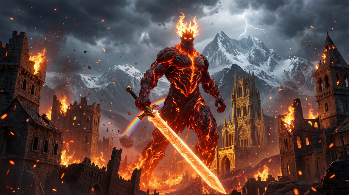 (colossal fire giant:1.4), made of molten lava and charbed black rock with glowing orange cracks, (f预览效果