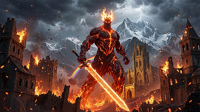 (colossal fire giant:1.4), made of molten lava and charbed black rock with glowing orange cracks, (flame-shaped Aladdin genie hairstyle:1.3) with fiery voluminous curls and a pointed flame tip, wielding a massive glowing fiery greatsword with a golden hilt, standing amidst burning medieval city ruins, snow-capped mountains and Gothic cathedrals in the background, floating embers and debris, dramatic stormy sky with dark clouds, cinematic dramatic lighting, ultra-realistic 3D rendering, highly detailed textures, 8K resolution, photorealistic, --ar 2:3 --style raw --s 750 --v 6.0