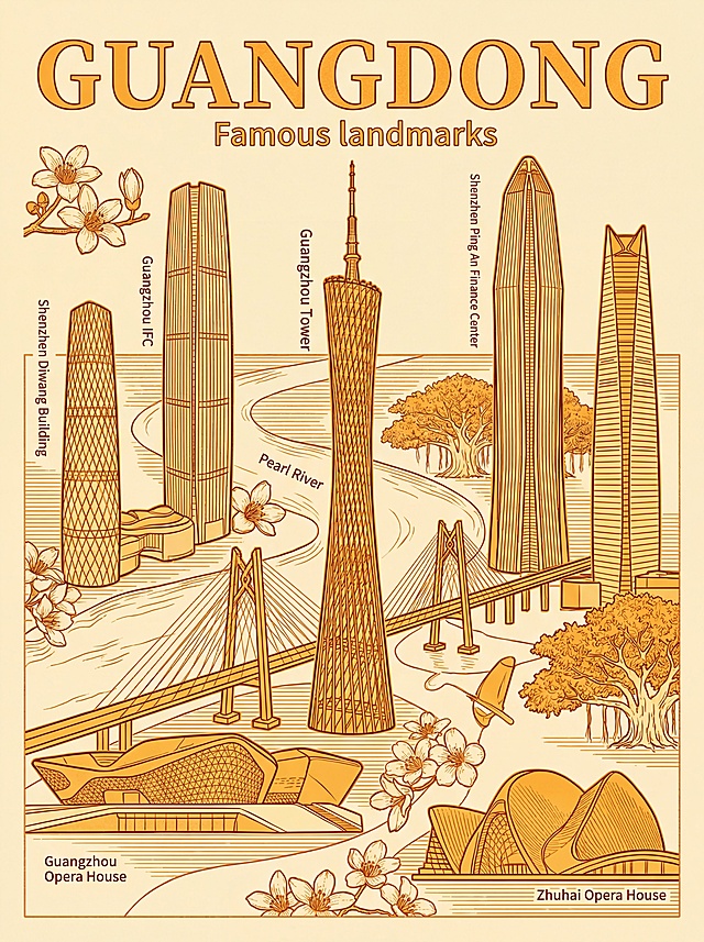 广东：中国现代地标建筑凹版印刷线稿，粗线勾勒外轮廓，细线刻画细节，保留铜版雕刻痕迹，橙黄色调，大师级排版，大标题"GUANGDONG Famous landmarks"，极具艺术的现代海报版式设计。主体是中国现代地标建筑：广州塔、广州西塔、深圳平安金融中心、深圳地王大厦、港珠澳大桥、广州大剧院、珠海大剧院，搭配珠江，木棉花，榕树，采用清明上河图散点透视法构图。
