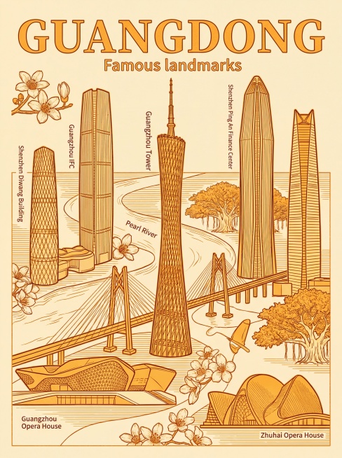 广东：中国现代地标建筑凹版印刷线稿，粗线勾勒外轮廓，细线刻画细节，保留铜版雕刻痕迹，橙黄色调，大师级排版，大标题"GUANGDONG Famous landmarks"，极具艺术的现代海报版式设计。主预览效果