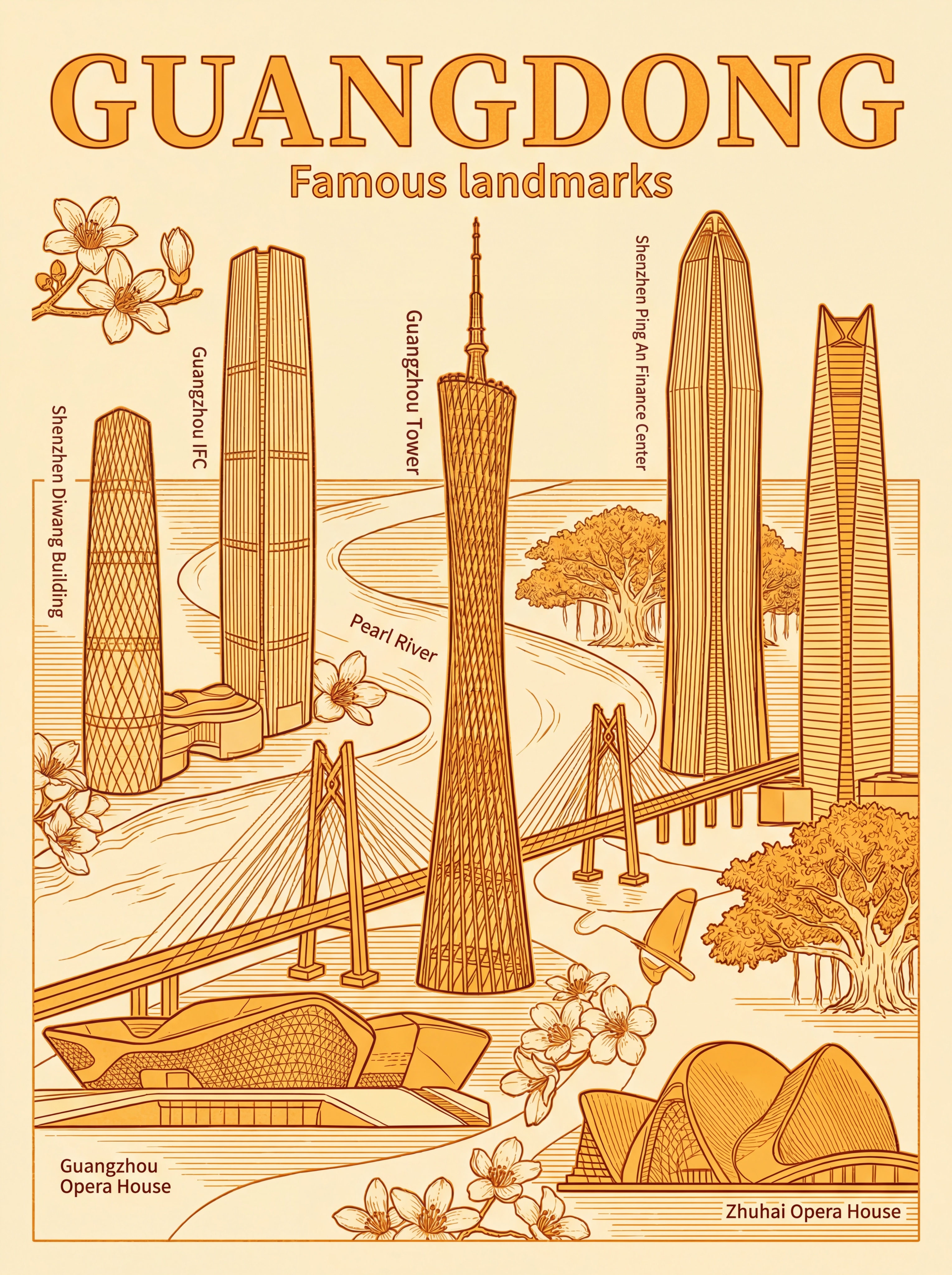 广东：中国现代地标建筑凹版印刷线稿，粗线勾勒外轮廓，细线刻画细… - 图片创意预览