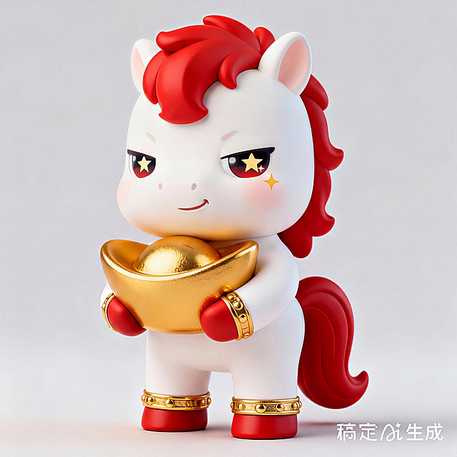 软3D风格的拟人小马，红白配色搭配鎏金元宝，萌趣可爱，充满喜庆感与节日氛围。