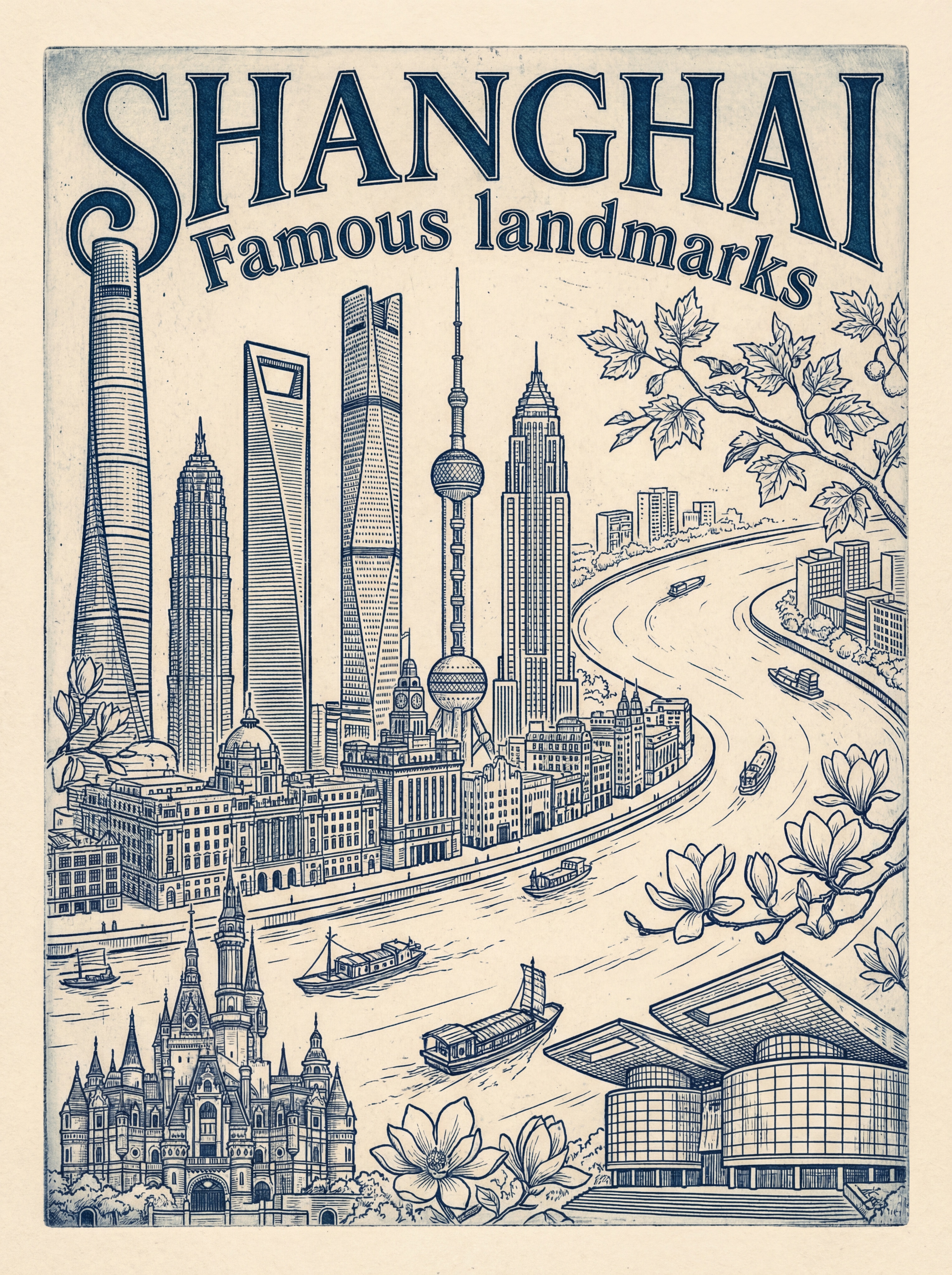 上海：中国现代地标建筑凹版印刷线稿，粗线勾勒外轮廓，细线刻画细… - 图片创意预览