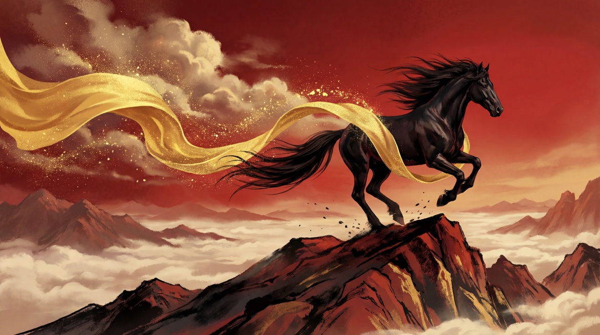 新中式艺术风格。画面中央，一匹神骏非凡的黑色骏马正四蹄翻飞，背景是巍峨险峻的山峰之巅疾驰。它的鬃毛与长尾在风中猛烈向后扬起，充满了力量与速度感。一条从马身后延展而出的巨大金色飘带一同在空中飞舞，飘带末预览效果