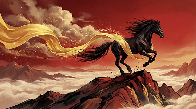 黑骏马踏峰而立，鎏金绸带如光河奔涌。