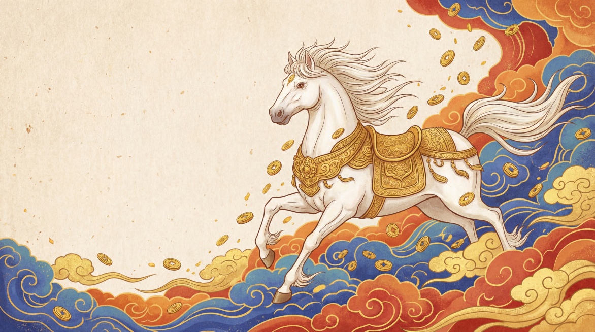 一幅融合了财富与祥瑞主题的敦煌壁画风格国风插画。画面主体是一匹神骏的白马，身姿矫健，四蹄生风，仿佛在云端疾驰。马的身体覆盖着华丽的金色鞍甲，细节精致，带有古典的纹样。它的鬃毛和尾巴飘逸。背景为浅米色宣预览效果
