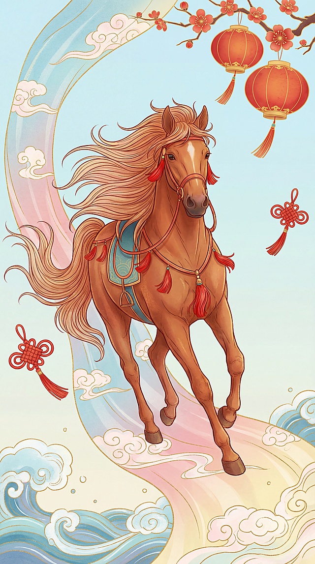 国潮风插画，工笔与水彩融合，骏马踏云奔腾，红灯笼与梅花点缀，喜庆梦幻。