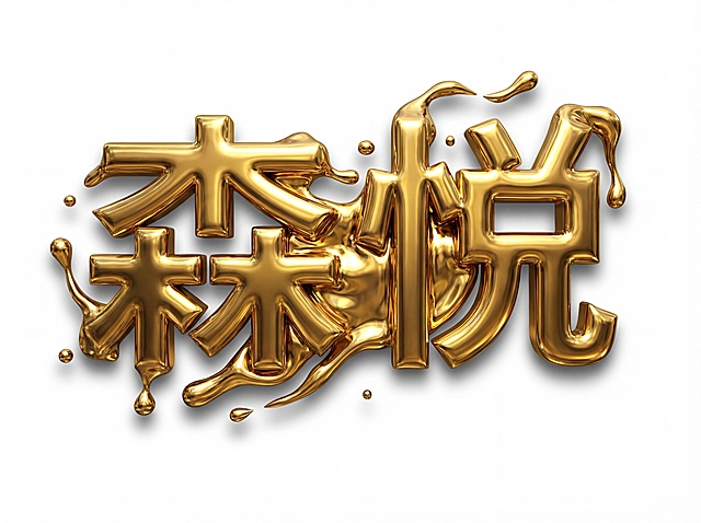 将图1森悦艺术字,设计文字金色3D金属质感表现,如范例图２金属液态质感表现，专业金属插画风格,极具个性黑体字，白色背景。高清