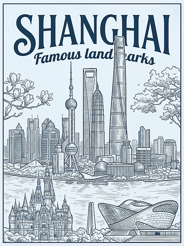 上海：中国现代地标建筑凹版印刷线稿，粗线勾勒外轮廓，细线刻画细节，保留铜版雕刻痕迹，海蓝色调，大师级排版，大标题"SHANGHAI Famous landmarks"，极具艺术的现代海报版式设计。主体是中国现代地标建筑：上海中心大厦、上海环球金融中心、东方明珠塔、金茂大厦、上海外滩万国建筑博览群、上海迪士尼城堡、上海大剧院，搭配黄浦江，白玉兰，梧桐树，采用清明上河图散点透视法构图。